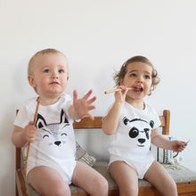 Load image into Gallery viewer, babies with baby bodysuits with a printed fox and a panda with a tail in the back
