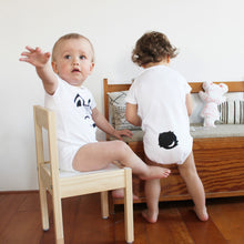 Load image into Gallery viewer, babie with baby bodysuit with a printed fox and a panda with a tail in the back
