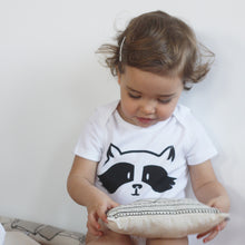 Load image into Gallery viewer, baby with a baby bodysuit with a raccoon print and a printed tail in the back
