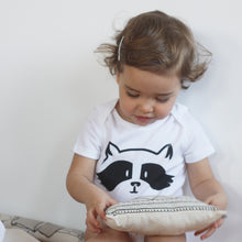Load image into Gallery viewer, baby with a baby bodysuit with a raccoon print and a printed tail in the back