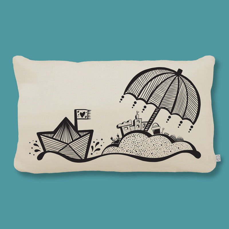 organic cotton cushion cover with beach illustration