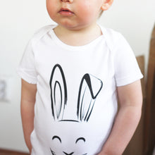 Load image into Gallery viewer, baby bodysuit with a printed bunny and a tail in the back