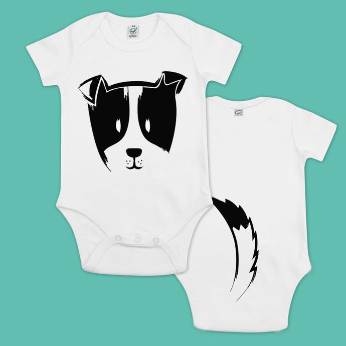 baby bodysuit with a dog and a tail in the back