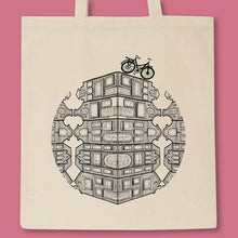 Load image into Gallery viewer, tote bag with dutch houses and a bike illustration