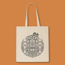 Load image into Gallery viewer, tote bag with dutch houses and a bike illustration