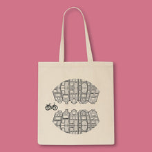 Load image into Gallery viewer, tote bag with dutch houses and a bike illustration