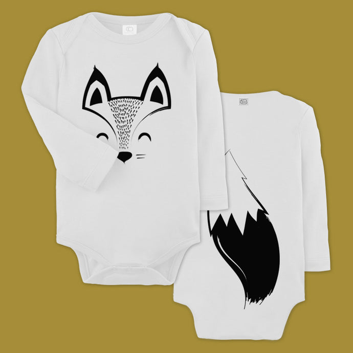 baby bodysuit with a printed fox and a tail in the back