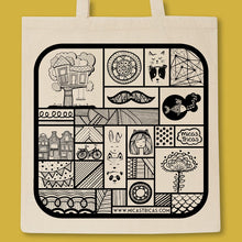 Load image into Gallery viewer, tote back with a black print full of micastricas small illustrations
