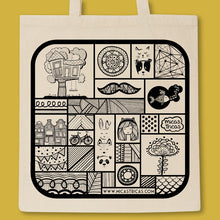 Load image into Gallery viewer, tote back with a black print full of micastricas small illustrations
