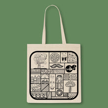 Load image into Gallery viewer, tote back with a black print full of micastricas small illustrations