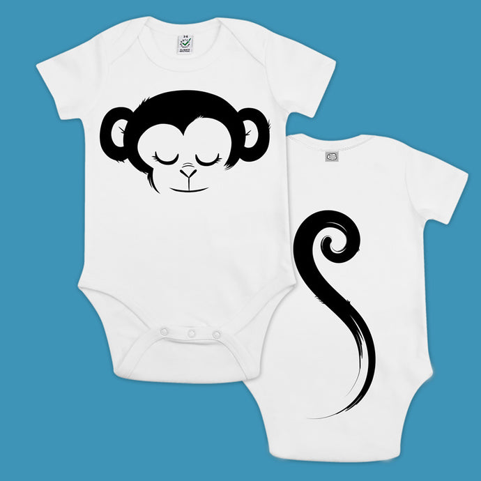 baby bodysuit with a printed monkey and a tail in the back