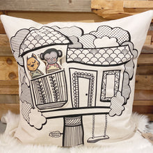 Load image into Gallery viewer, Big playful and interactive cushion with a pocket and a plushie squirrel and a plushie monkey