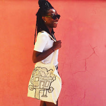 Load image into Gallery viewer, beautiful woman with tote bag with tree-house print