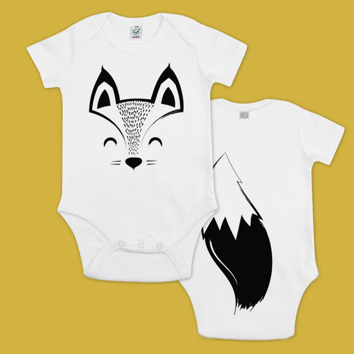 baby bodysuit with a printed box and a tail in the back