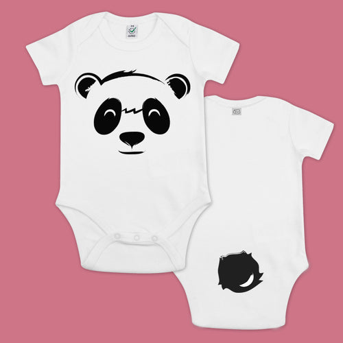 baby bodysuit with a printed panda and a tail in the back