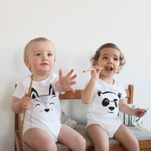 Load image into Gallery viewer, babie with baby bodysuit with a printed fox and a panda with a tail in the back
