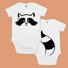 Load image into Gallery viewer, Baby bodysuit with a printed raccoon and a panda with a tail in the back
