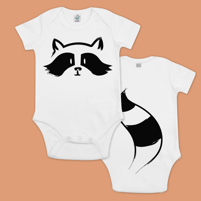 Baby bodysuit with a printed raccoon and a panda with a tail in the back