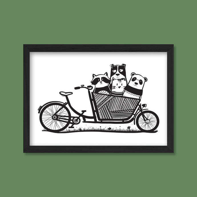 Poster with a print with a cargo bike and little animals in the basket