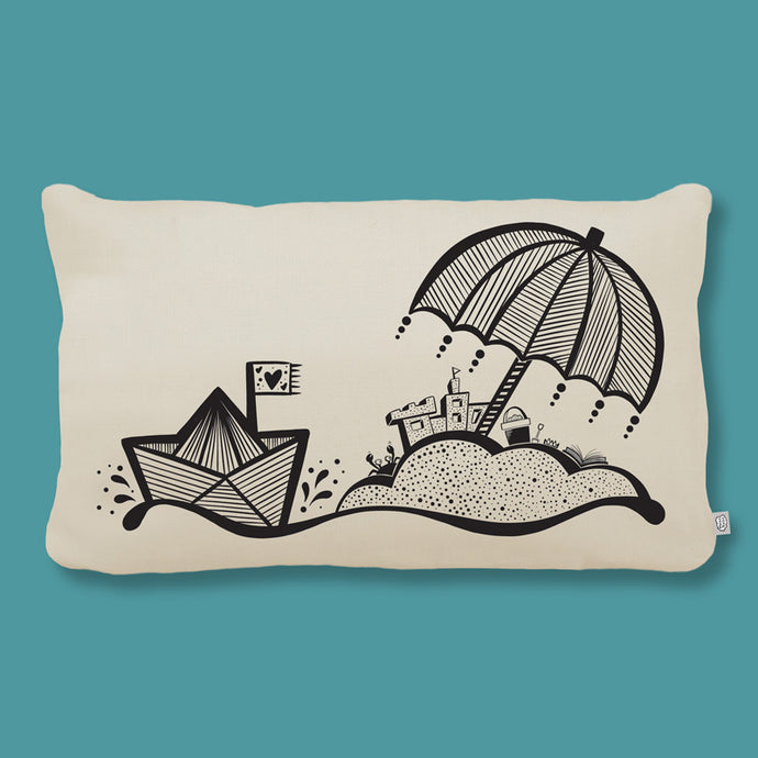 organic cotton cushion cover with beach illustration