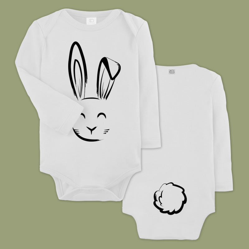 baby bodysuit with a printed bunny and a tail in the back