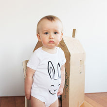 Load image into Gallery viewer, baby bodysuit with a printed bunny and a tail in the back
