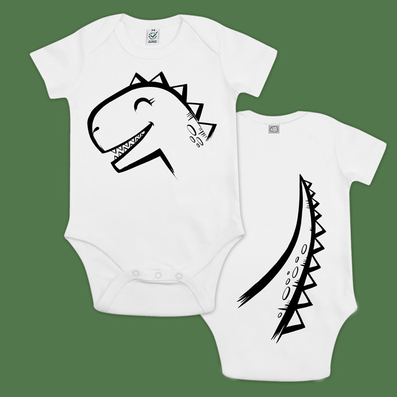 baby bodysuit with a dinosaur and a tail in the back