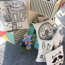 Load image into Gallery viewer, combination of cushions and unique soft toys with black prints
