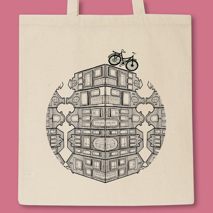 tote bag with dutch houses and a bike illustration