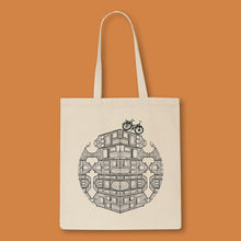 Load image into Gallery viewer, tote bag with dutch houses and a bike illustration
