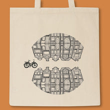 Load image into Gallery viewer, tote bag with dutch houses and a bike illustration
