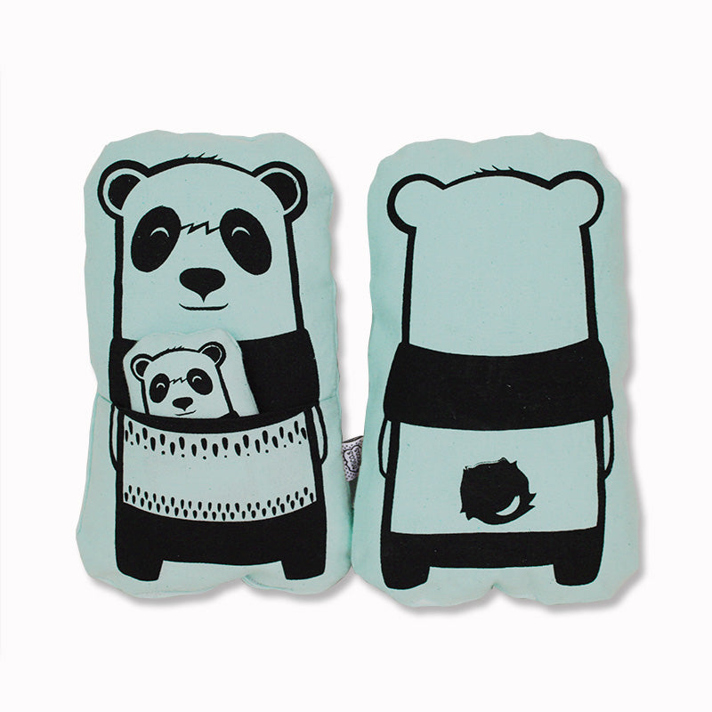 blue panda soft toy with a pocket and a little panda inside