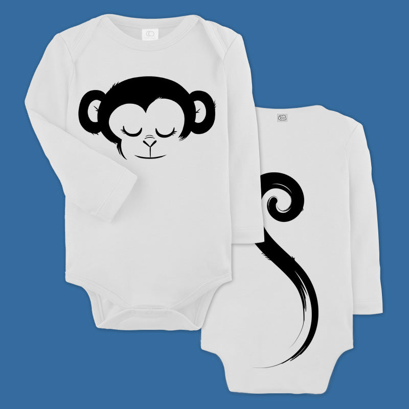 baby bodysuit with a printed monkey and a tail in the back