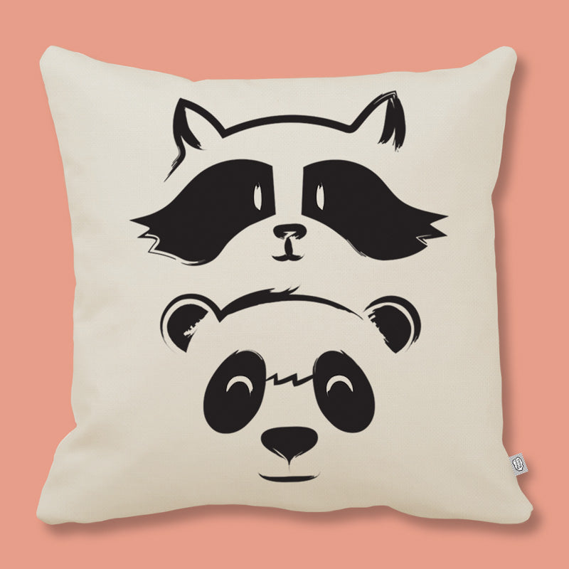 organic cotton cushion cover with raccoon and panda print
