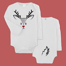 Load image into Gallery viewer, baby bodysuit with a reindeer print and a printed tail in the back
