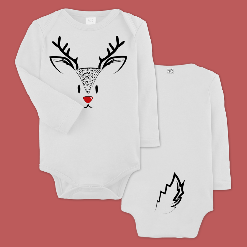 baby bodysuit with a reindeer print and a printed tail in the back