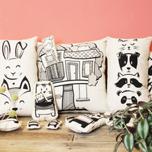 Load image into Gallery viewer, decorative cushions cover in natural cotton and black print
