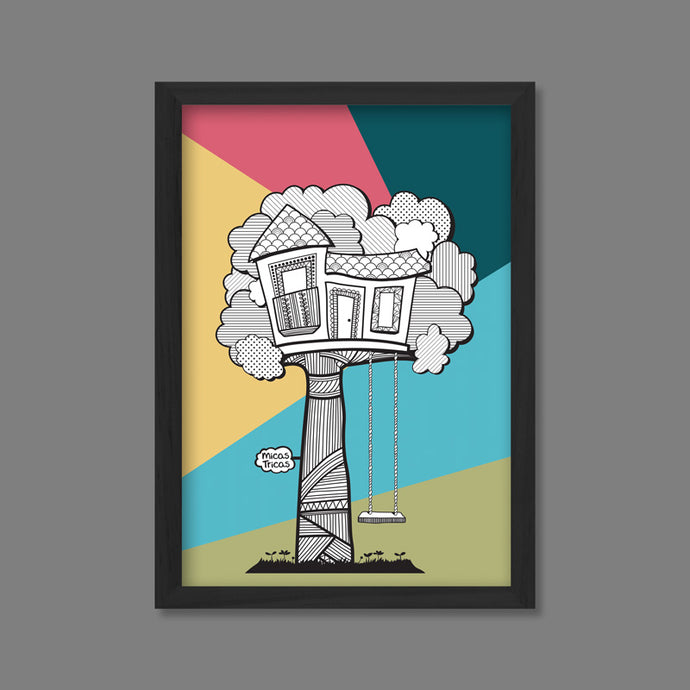 colorful poster with a tree-house print