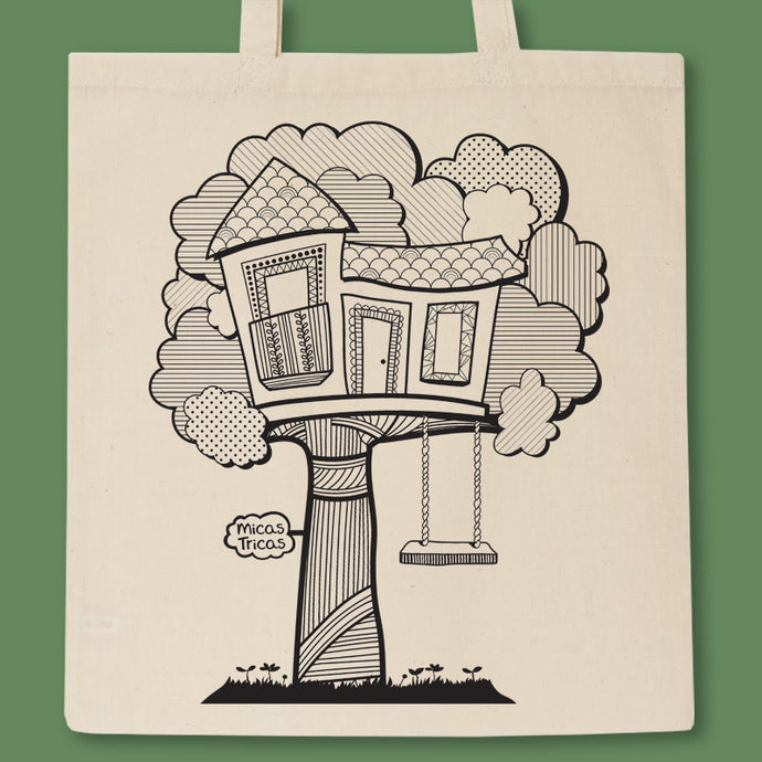 tote bag with tree-house print